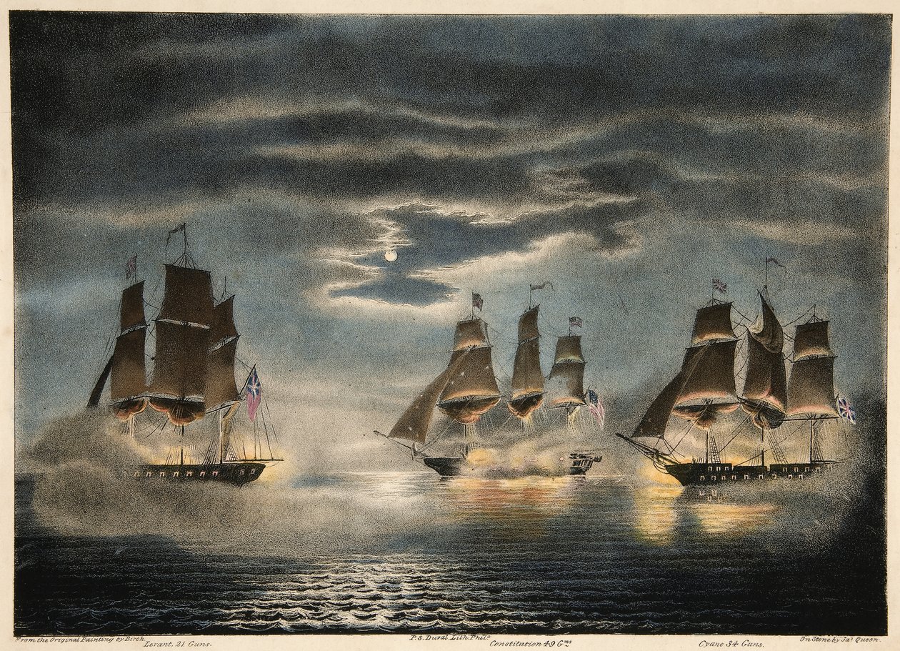 HM Ships Cyane＆Levantの捕獲、米フリゲート憲法、パブ陸軍および海軍雑誌から。 1840 作： バーチ後のトーマス