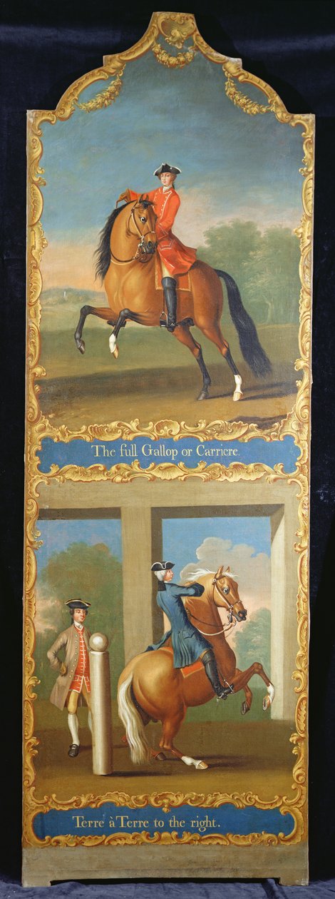 「The Full Gallop or Carriere」（上）と「Terre a Terre to the right」（下）、1750年頃 作： ポールモールバトラーのトーマス