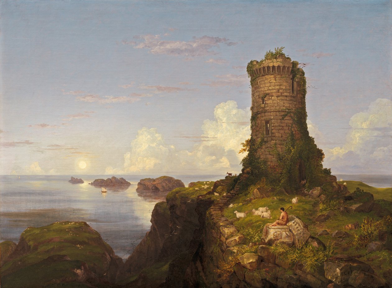 廃墟となった塔のあるイタリアの海岸の風景、1838年。 作： トーマス・コール