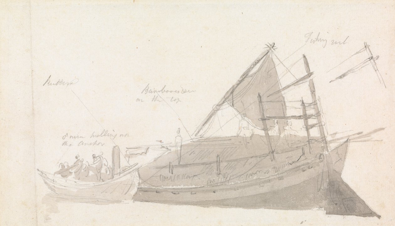 Barco de pesca com pequenas embarcações ao lado 作： トマス・ダニエル
