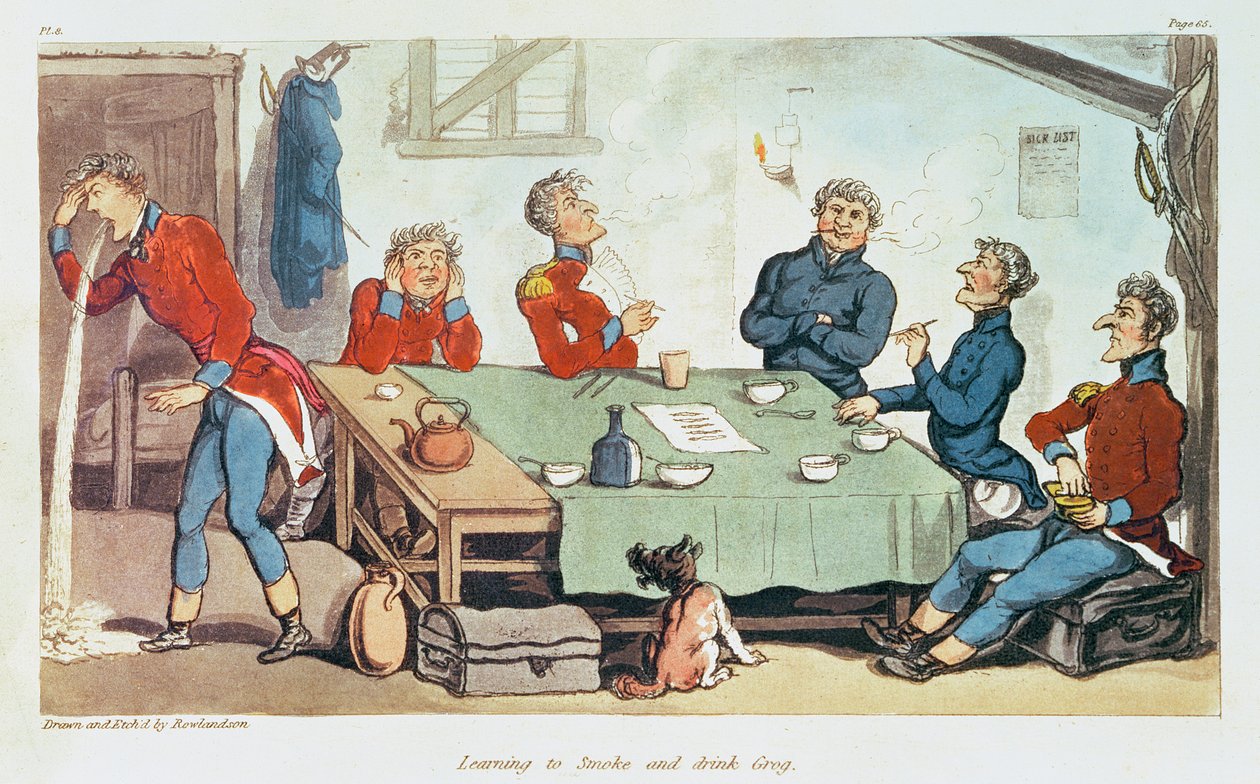 グロッグの喫煙と飲酒を学ぶ。 1815年 作： トーマス・ローランドソン