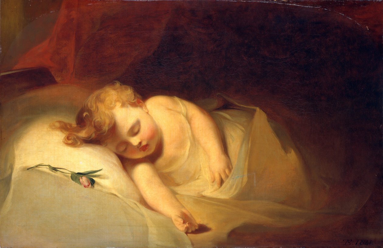 子供が眠っているローズバッド、1841年。 作： トマス・サリー