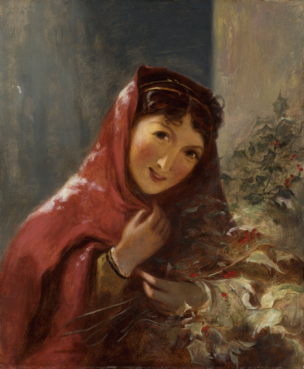 ホリーの枝を運ぶ女性、1850 作： トマス・サリー