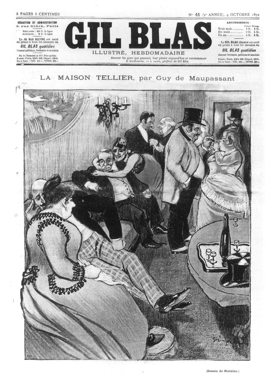 Guy de Maupassant（1850-93）による「La Maison Tellier」のイラスト、「Gil Blas」の表紙、1892年10月9日（詳細は170903を参照） 作： テオフィルアレクサンドル・スタインレン