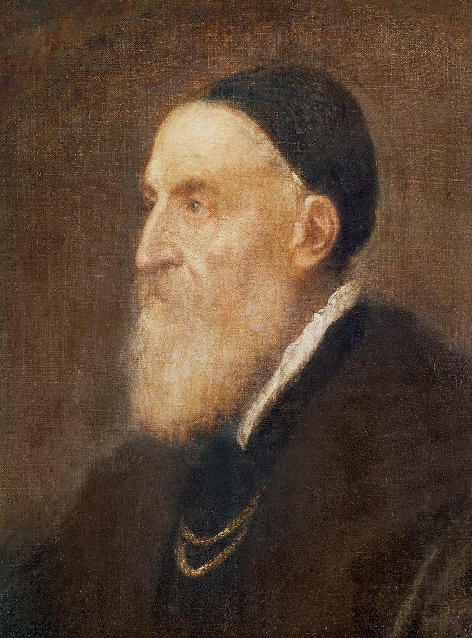頭の自画像の細部、キャンバスに1575年頃の油彩 作： Tiziano Vecelli