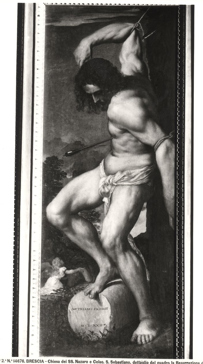 Averoldi Polyptych、聖セバスチャンの殉教を描いたパネル、1522年（詳細） 作： Tiziano Vecelli