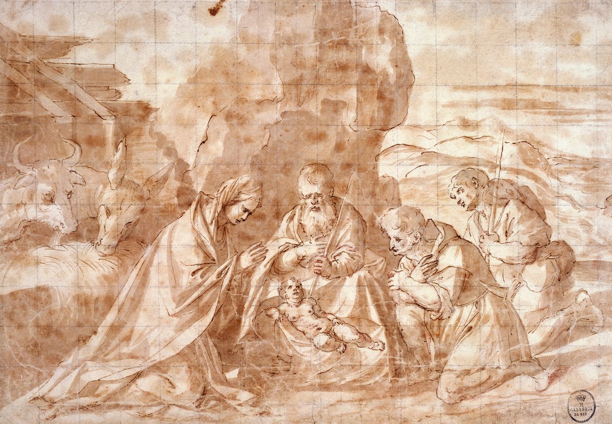 ティツィアーノ（1490年頃～1576年）の「キリスト降誕図」（デッサン 作： ティツィアーノ（c.1488-1576）