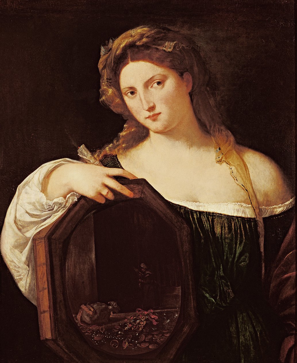 虚栄の寓意、または鏡を持つ若い女性、1515年頃 作： Tiziano Vecelli