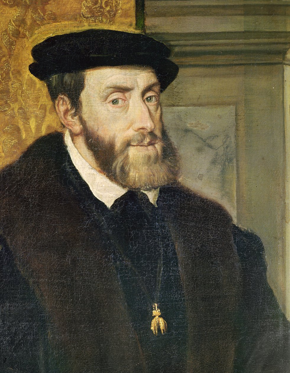 チャールズ5世（1488-1576）1548（158620を参照）の着席肖像の詳細 作： Tiziano Vecelli