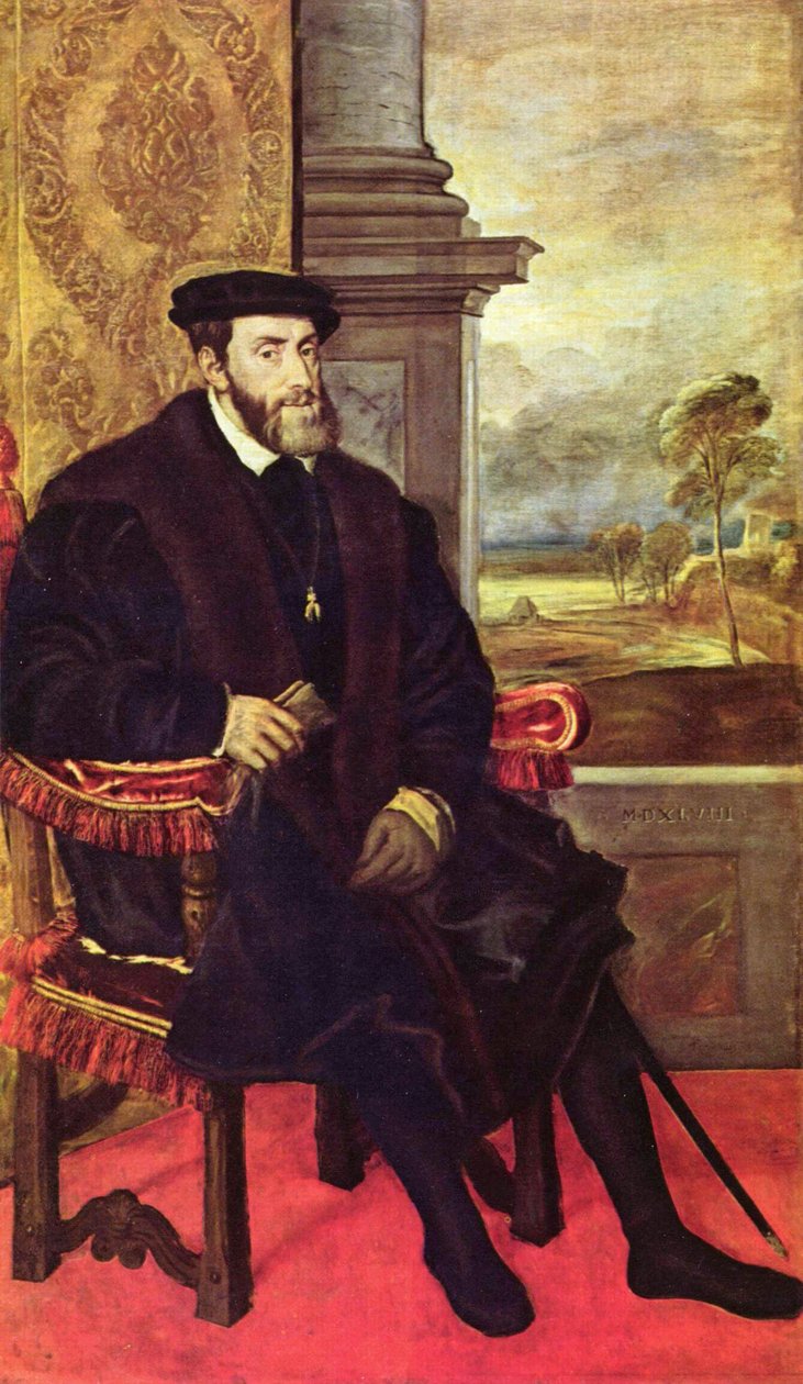 肘掛け椅子のチャールズ5世の肖像画 作： Tiziano Vecelli