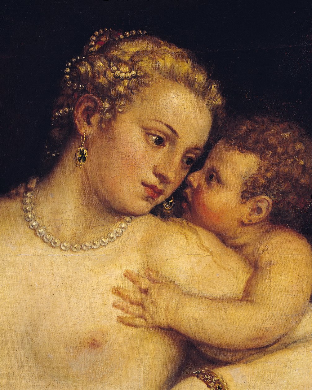 ヴィーナスは愛と音楽で彼女自身を喜ばせる、1545年（38586の詳細） 作： Tiziano Vecelli