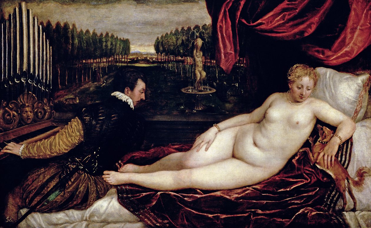 ヴィーナスとオルガニスト、1540-50年頃 作： Tiziano Vecelli