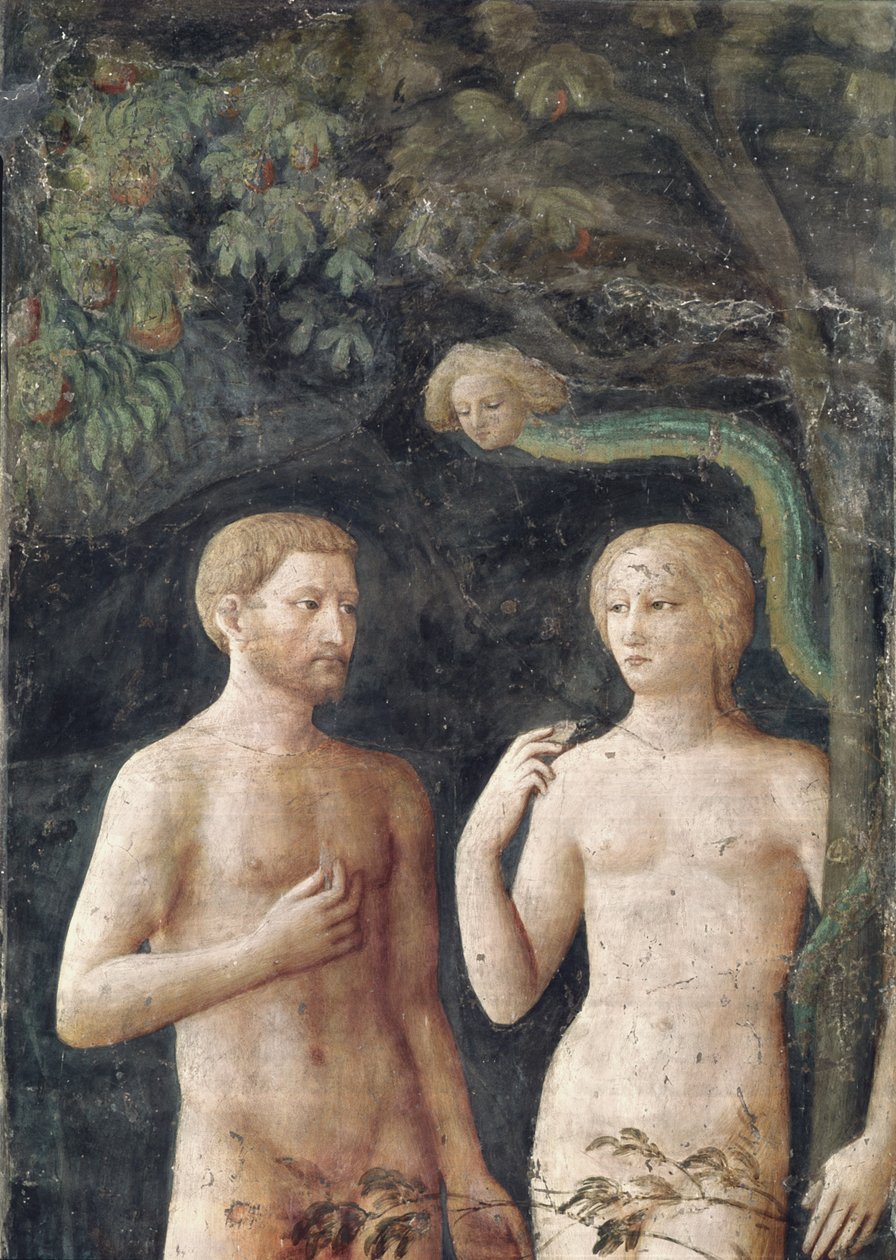 アダムとイブの誘惑の詳細、c.1423-25フレスコ430556の詳細 作： トマソ・マソリーノ・ダ・パニカレ