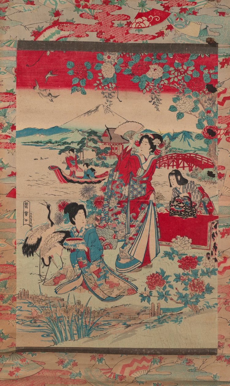 風景の中の芸者c.1870-80（色木版画） 作： 佐藤とらきよ佐藤とらきよ