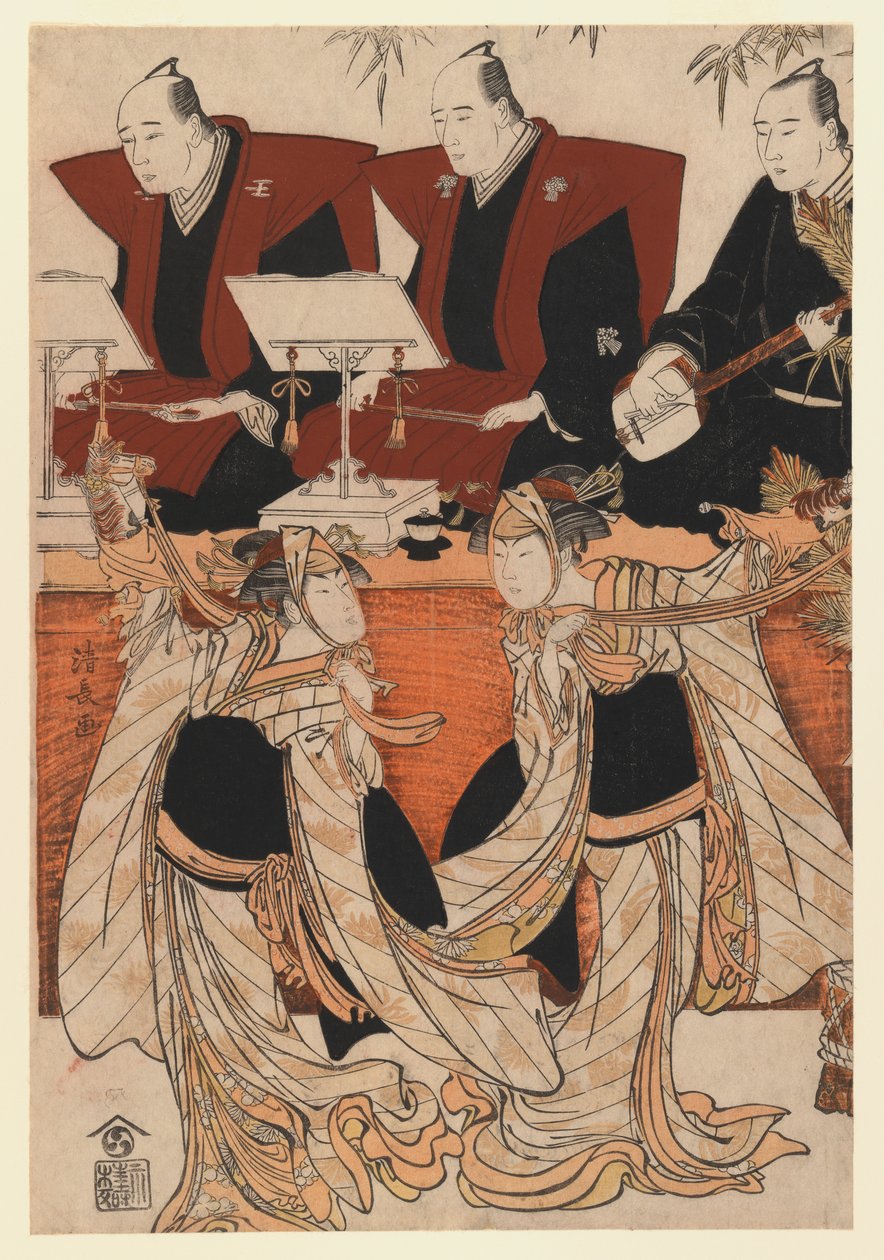 Two actors as Iwai Hanshiro IV and Segawa Kikunojo III in the Karukoma dance, accompanied by Joruri recitation, c.1783 (colour woodblock print) 作： 清永鳥居