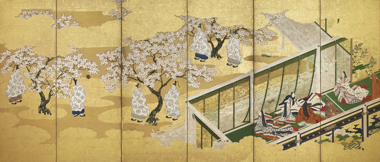 源氏物語、34章;柏木は江戸三代姫を目にする（紙に墨、色、金） 作： 土佐光興