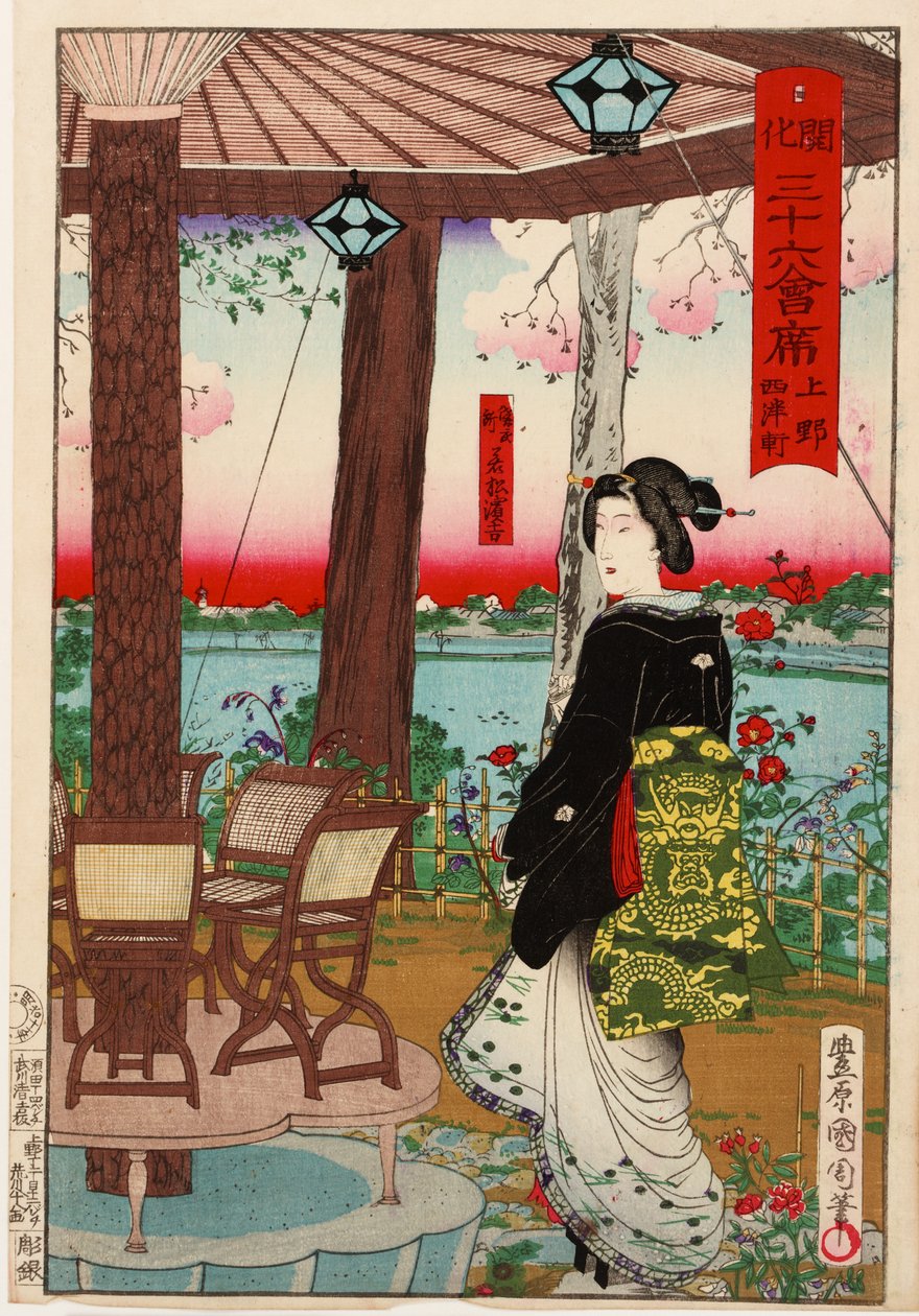 36の「啓発」の食事：1878年明治時代、上野公園の清養軒 作： 豊原国周