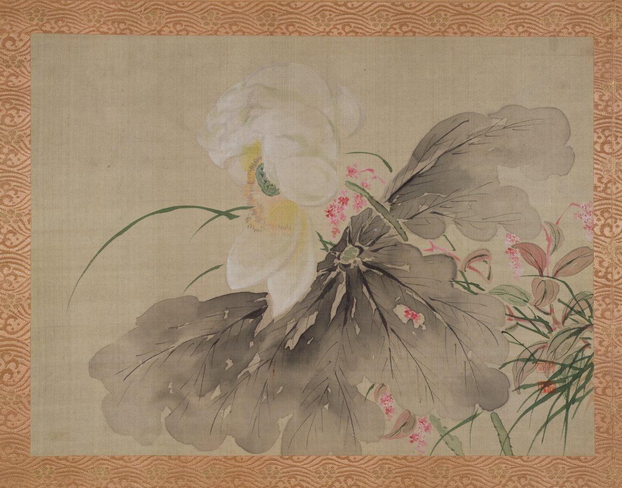 牡丹の木と花を持つカニりんごの木、1851年（絹に水彩） 作： つばきCh山