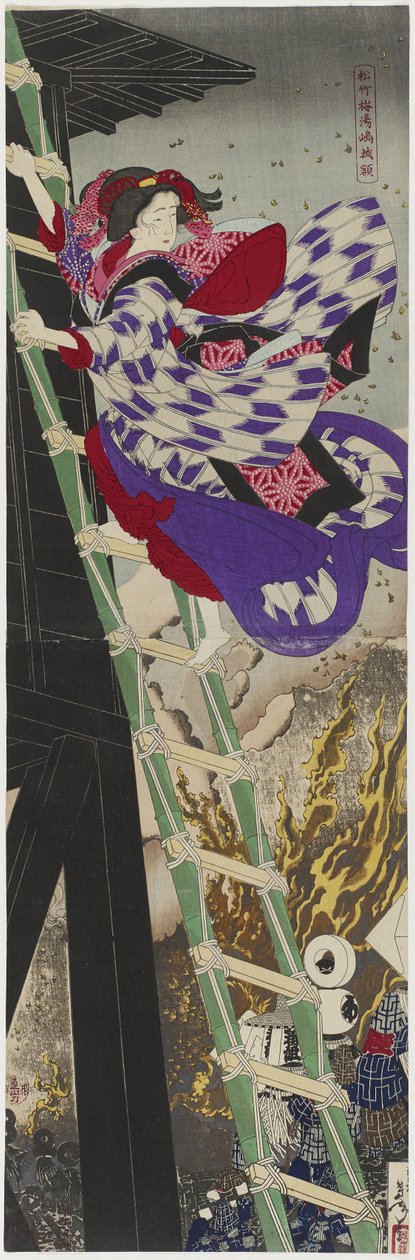 パイン、バンブー、プラム：1885年の湯島の額入り絵画 作： 月岡芳年