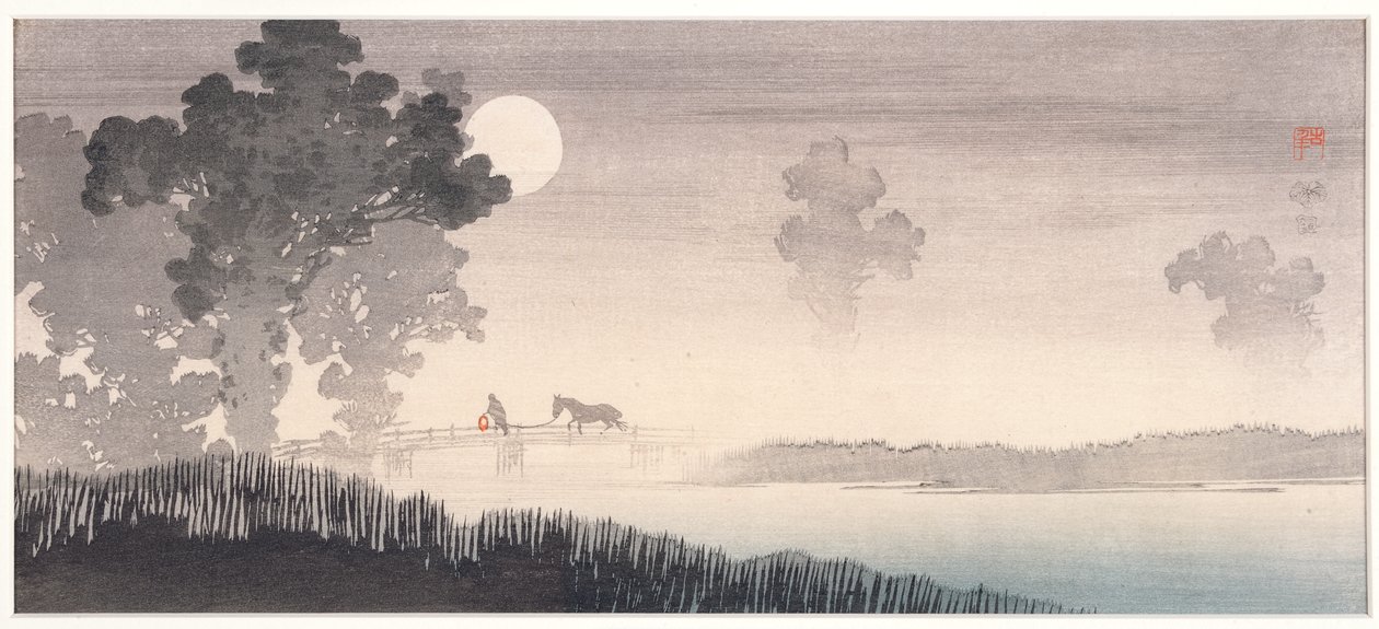 霧の月明かりに照らされた風景、1895〜1910年（木版） 作： 上原幸ネン