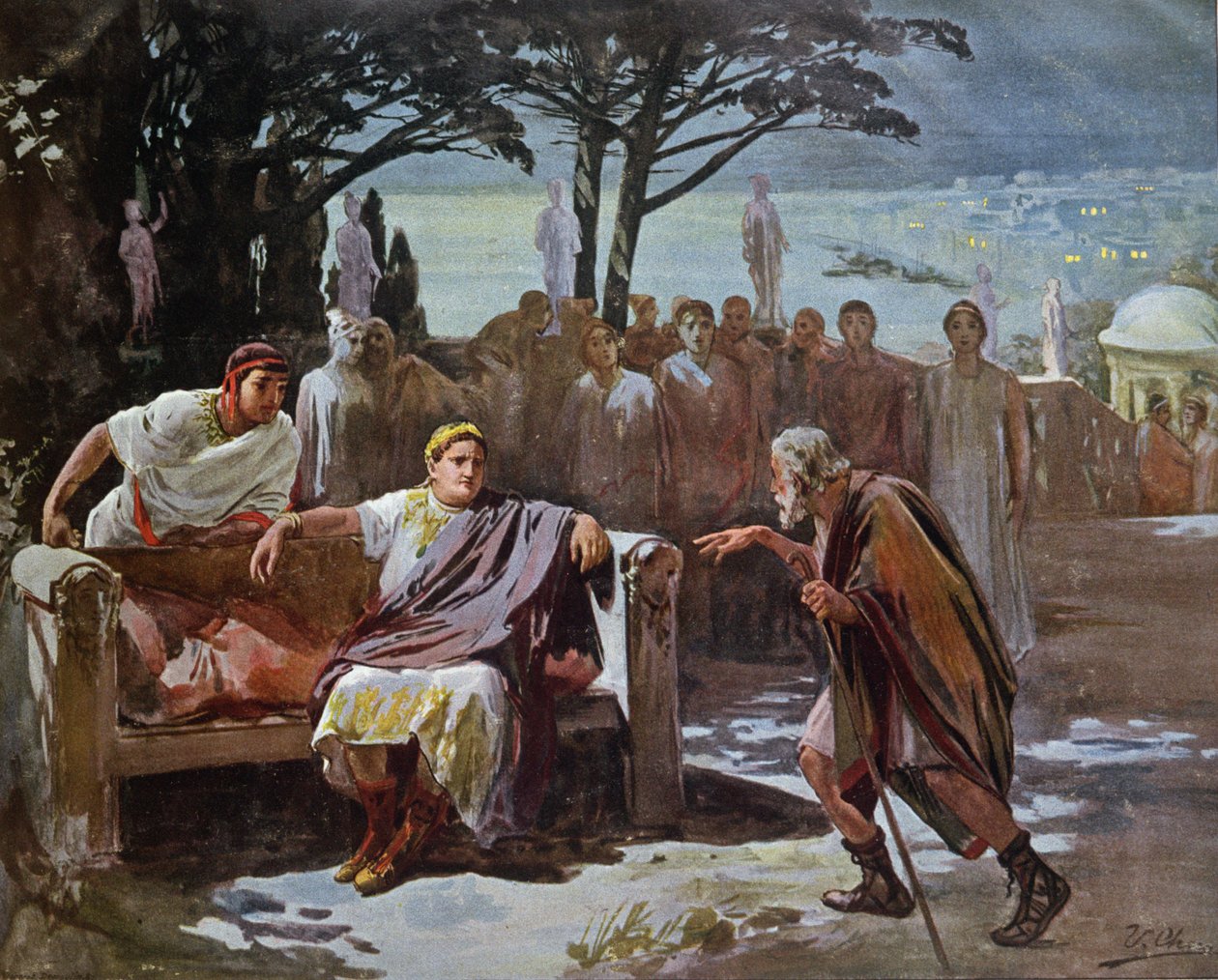カイロンがローマで火事を始めたと非難する、ヘンリク・シエンキェヴィチ（1846-1916）c.1910の「クオ・ヴァディス」のイラスト 作： ウルピアーノ・チェカ・イ・サンス