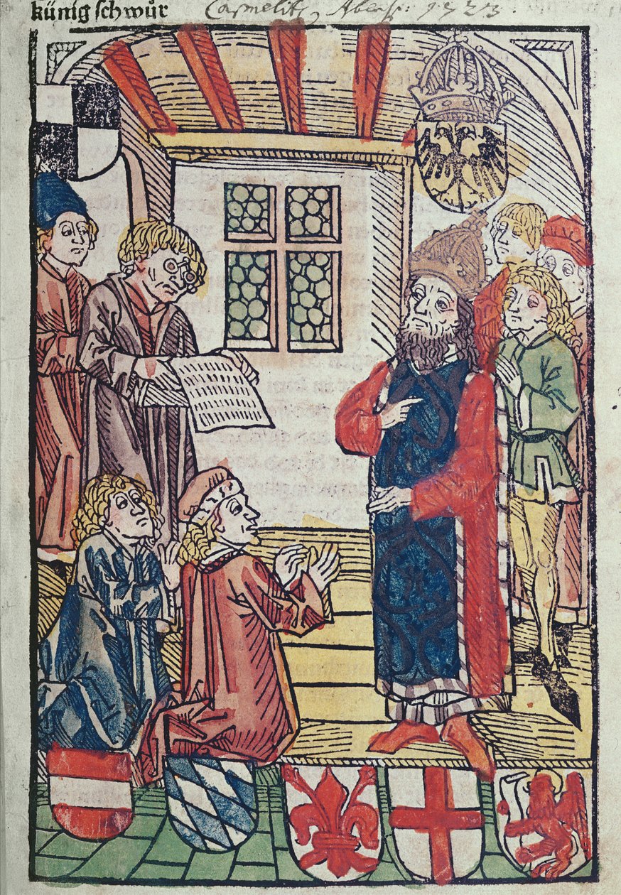 ローマ王、ルクセンブルグのジギスムントは、オーストリアのフレデリック公爵、1483年（木版画）のオマージュを受けます（316982と336923も参照） 作： ウルリッヒ・フォン・リヒチェンタール