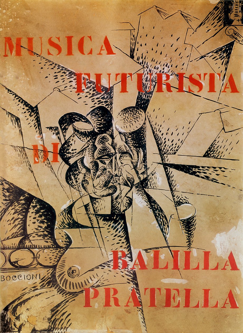Francesco Balilla Pratella（1880-1955）による &39;Musica Futurista&39;のカバーのデザイン、1912（テンペラと段ボールのインク） 作： ウンベルトボッチョーニ