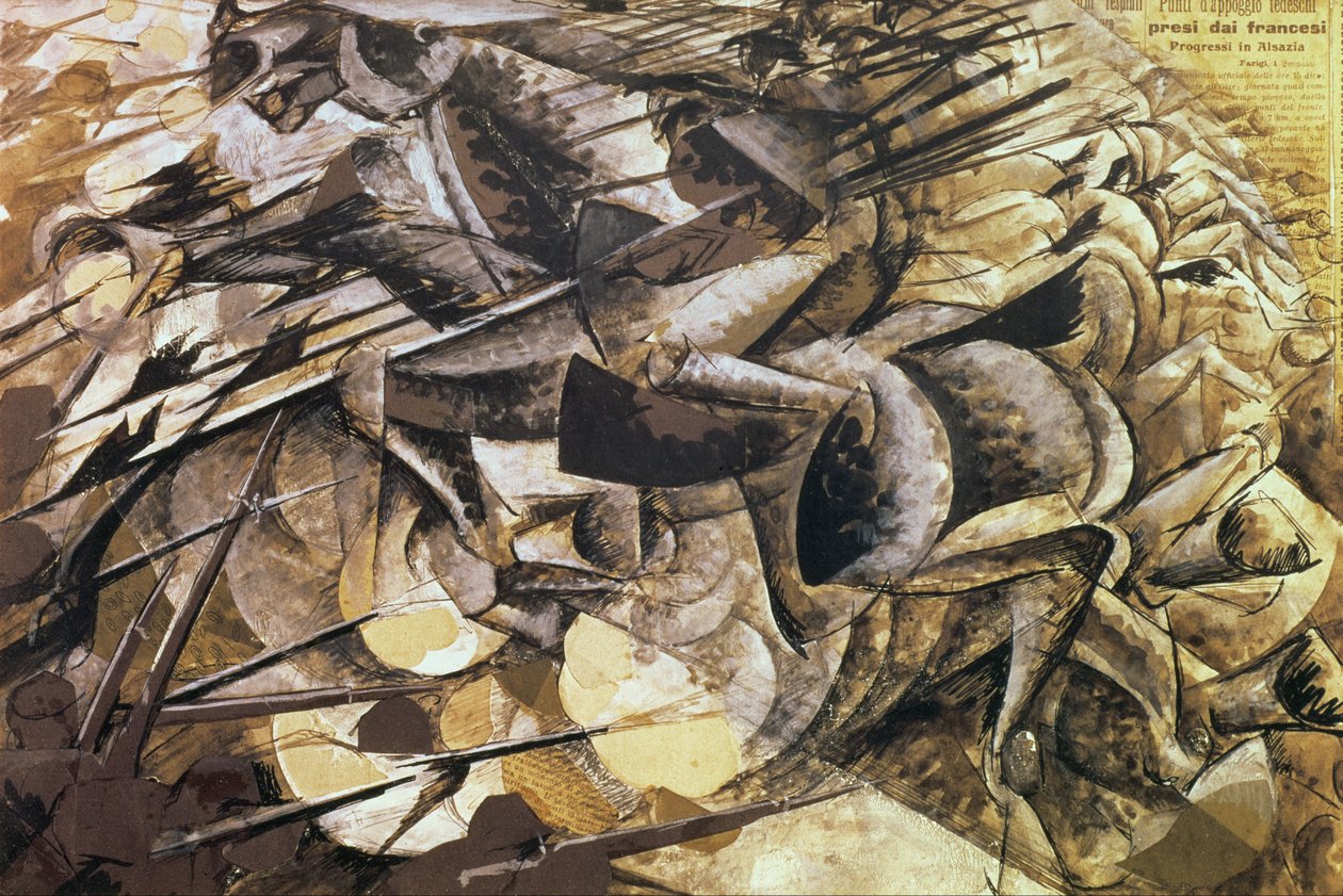 ランサーのチャージ、1915（コラージュ） 作： ウンベルトボッチョーニ