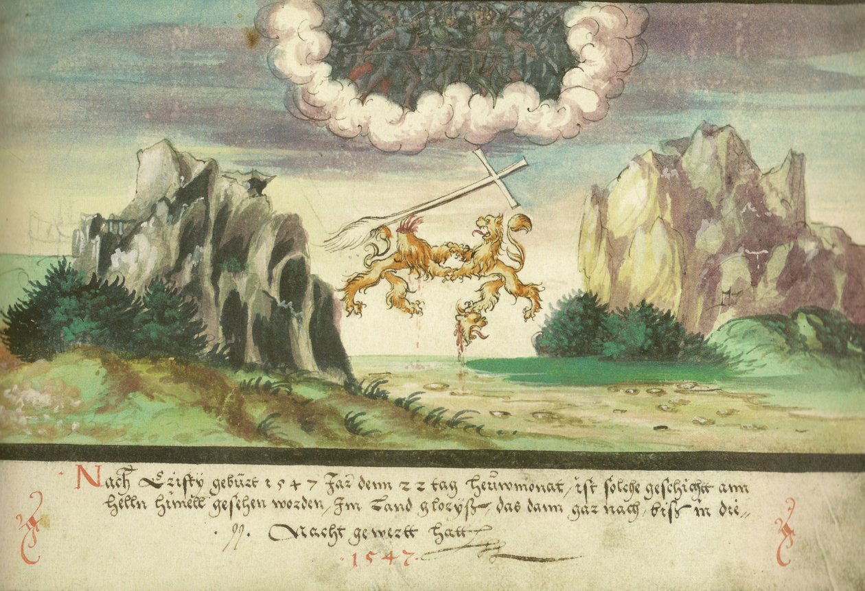 Augsburger Wunderzeichenbuch-Folio 157-天国の戦い、グラールス上のライオン 作： 不明不明