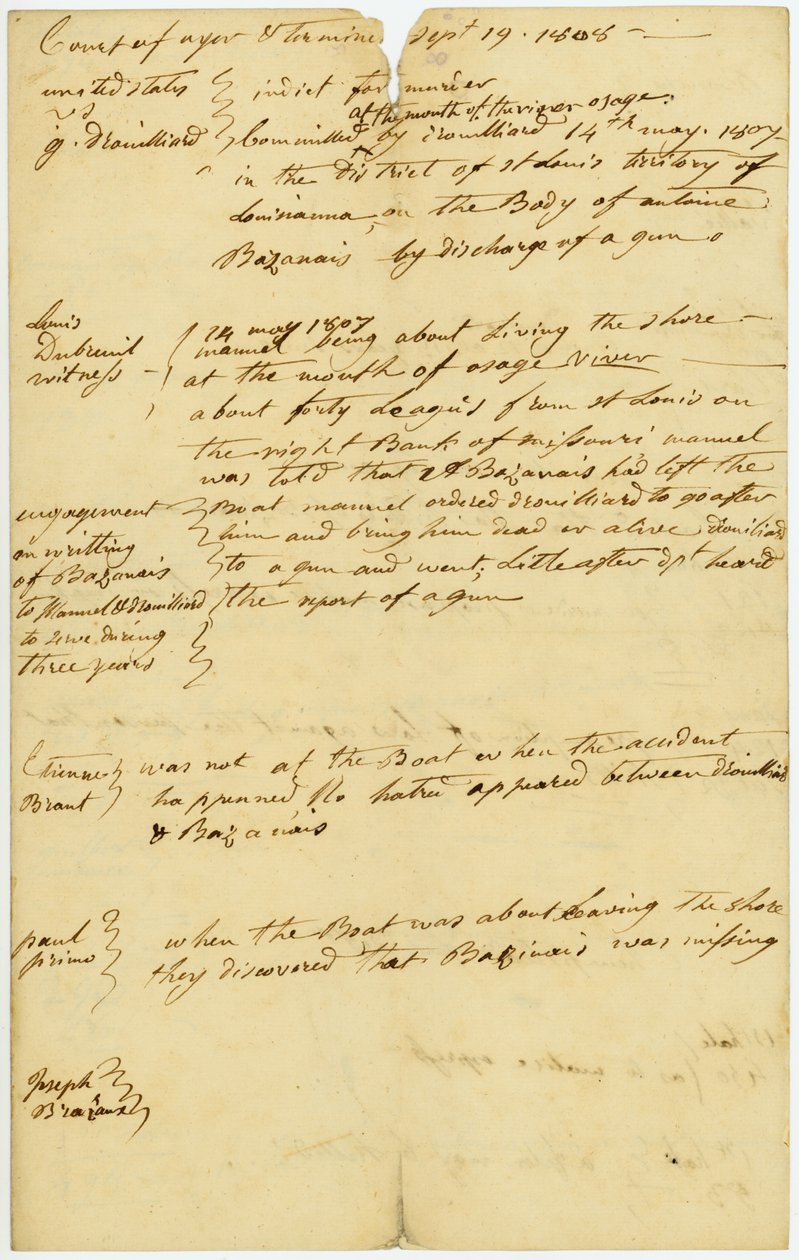 ドルイヤールは、1807年5月14日、オーセージ川の河口でアントワーヌバザナイ[Antoine Bissonet]の殺害で起訴されました。 作： 不明不明