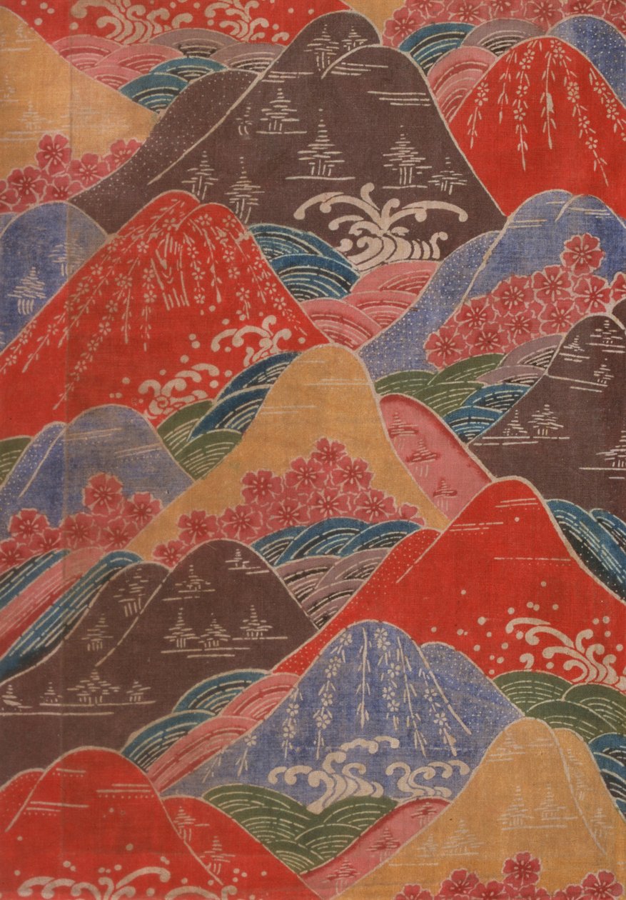 紅型織物の断片-桜、波、山のモチーフ 作： 不明不明