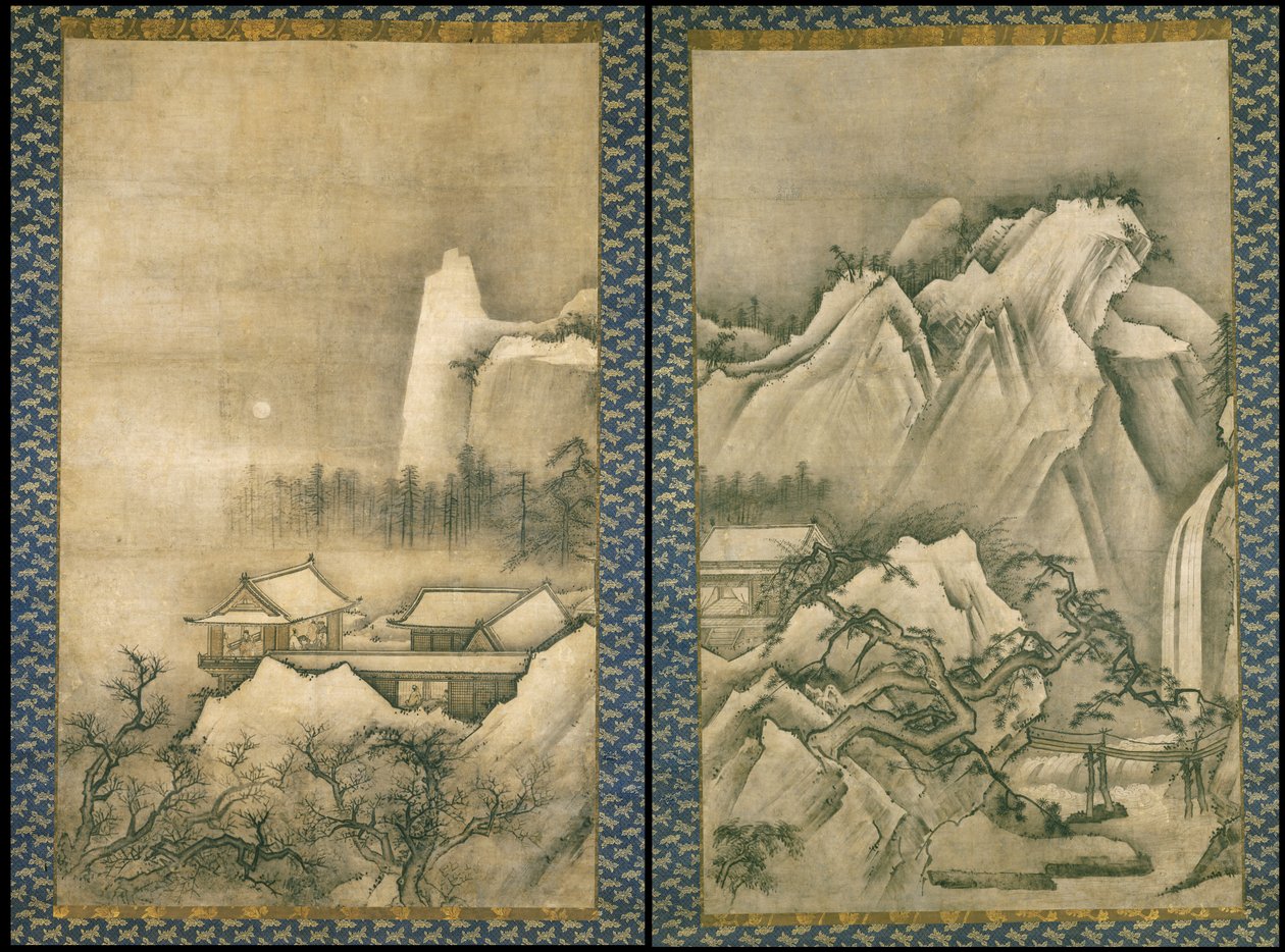 日本語-山の風景の中のパビリオン 作： 不明不明
