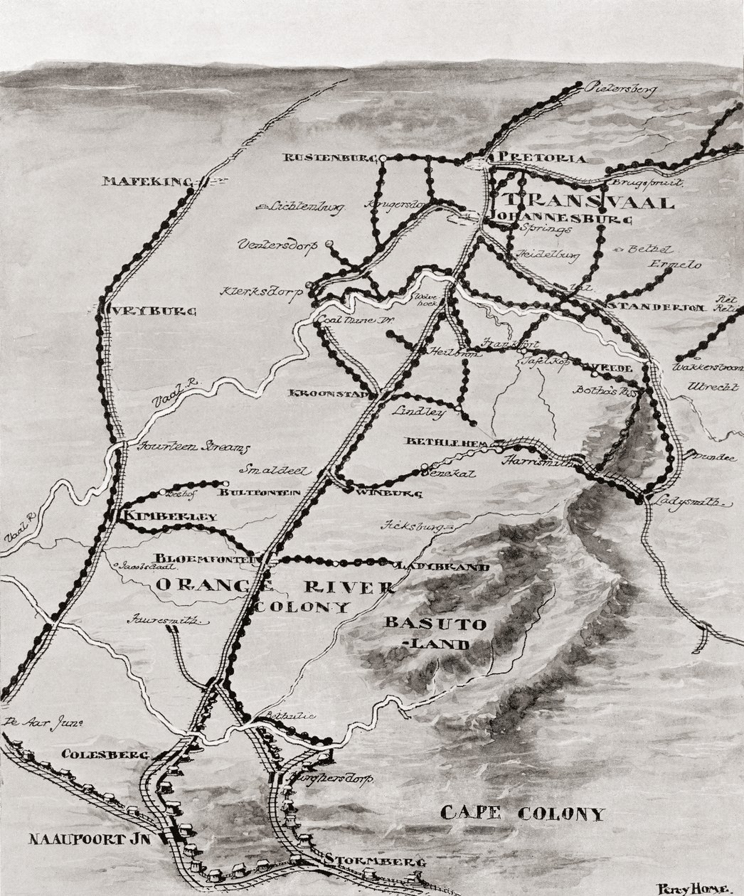 1916年の南アフリカ共和国のキッチナー卿のブロックハウスシステムの地図 作： 不明不明