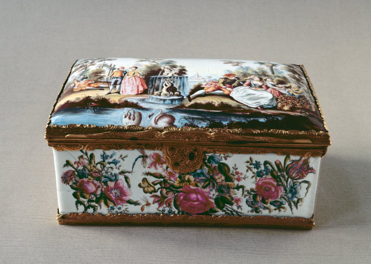 嗅ぎタバコ、c.1750エナメル、金メッキ取り付け 作： 不明不明