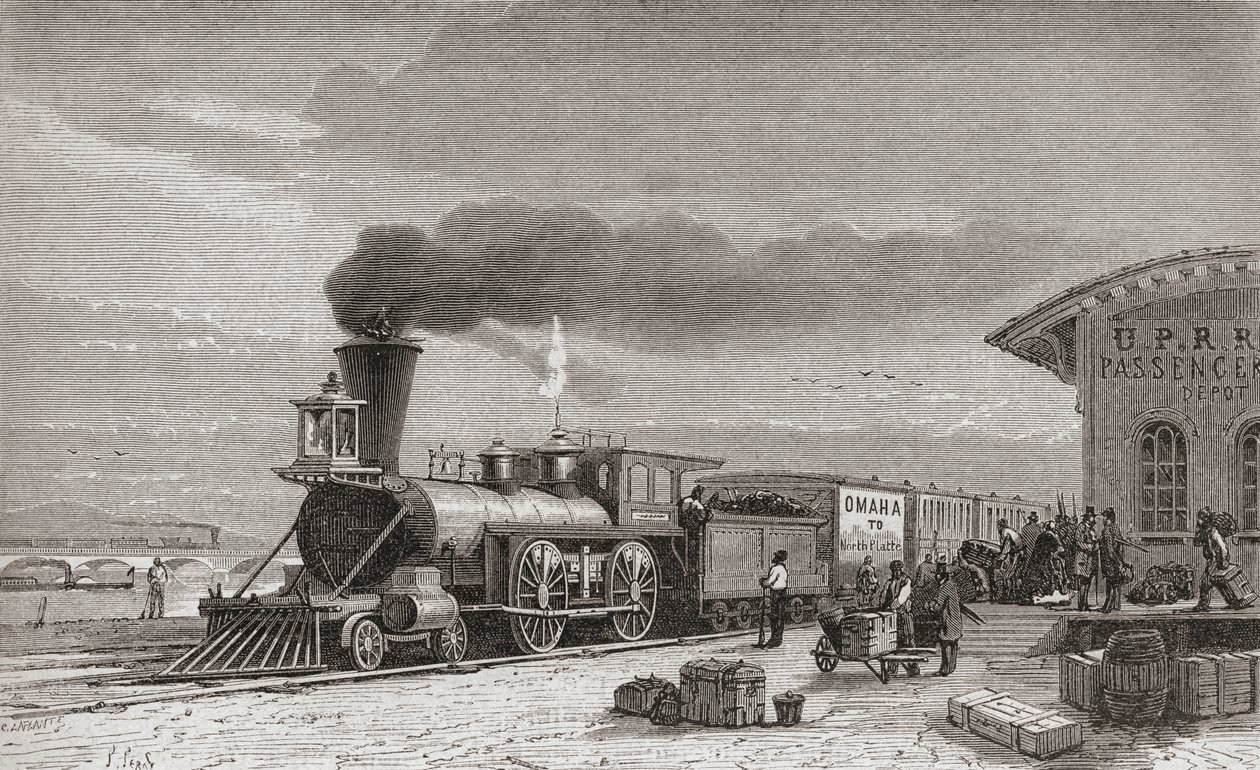 1867年のパシフィック鉄道の出発点であるネブラスカ州オマハの鉄道駅。チャールズラプラント（d.1903）によって刻まれた「世界の手」からのイラスト、1878年（en 作： 不明不明