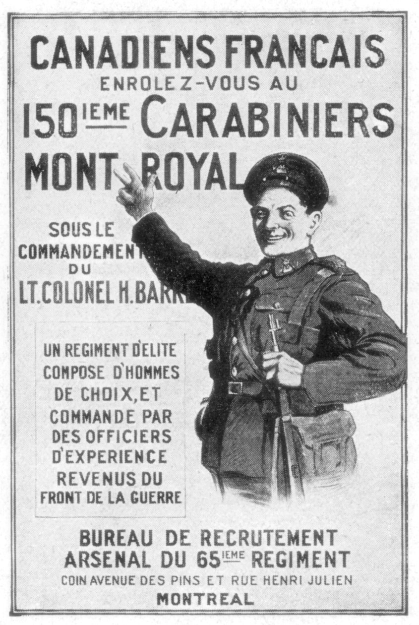 1914年のフランス系カナダ人軍の募集ポスター 作： 不明