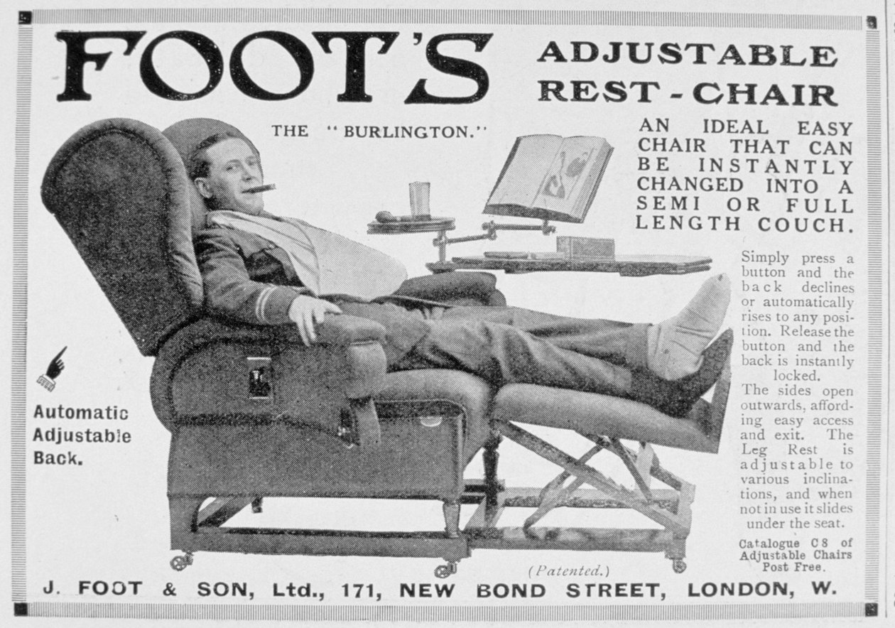 Foots Burlingtonの調整可能な休憩椅子の広告、1916 作： 不明