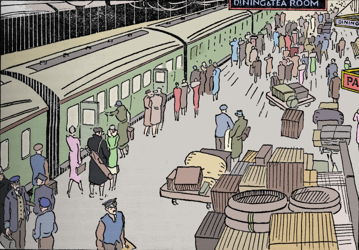 1930年代の鉄道駅のイラスト、1937 作： 不明