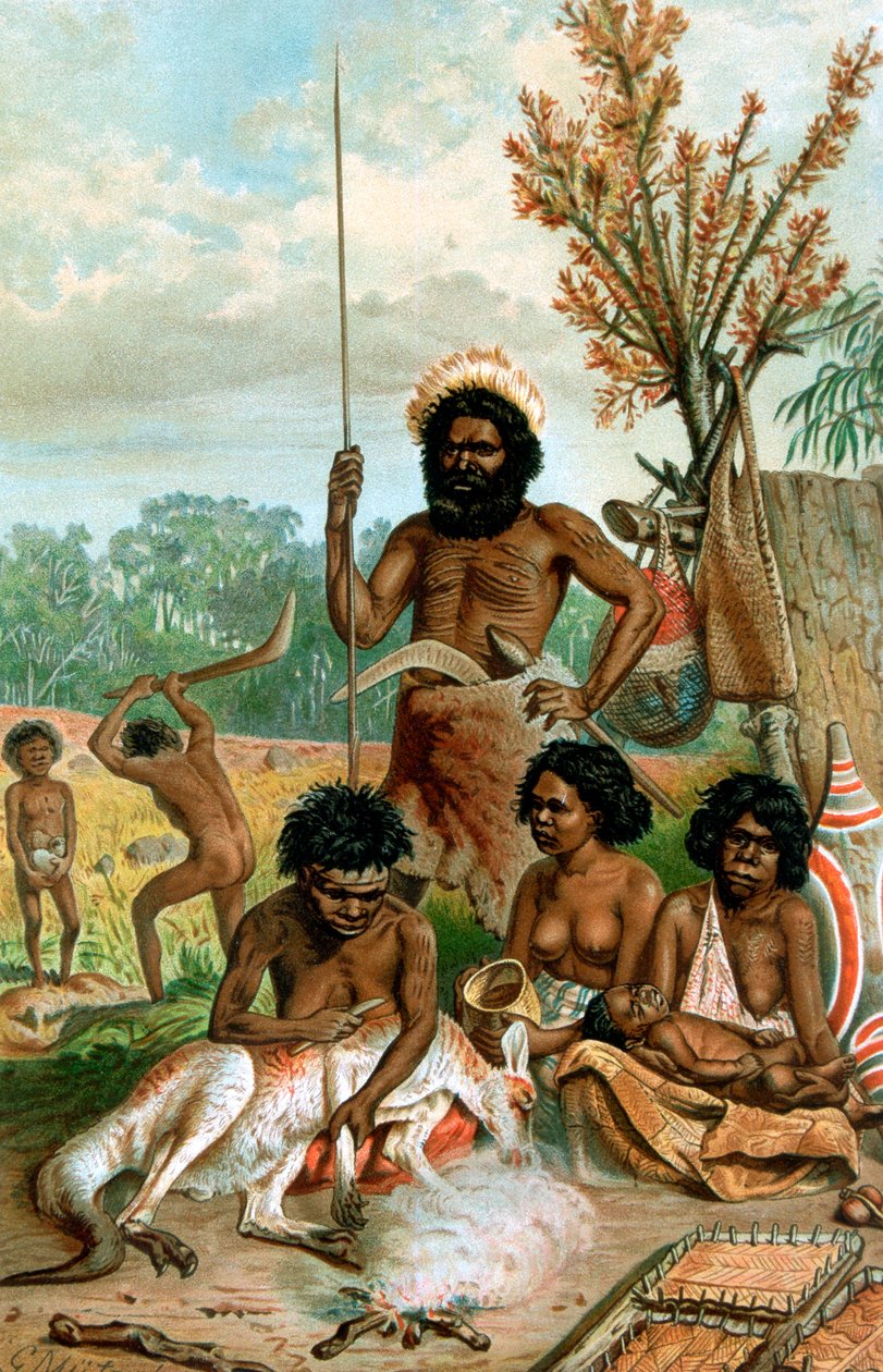 カンガルーを屠殺するオーストラリアの原住民、1885-1888 作： 不明