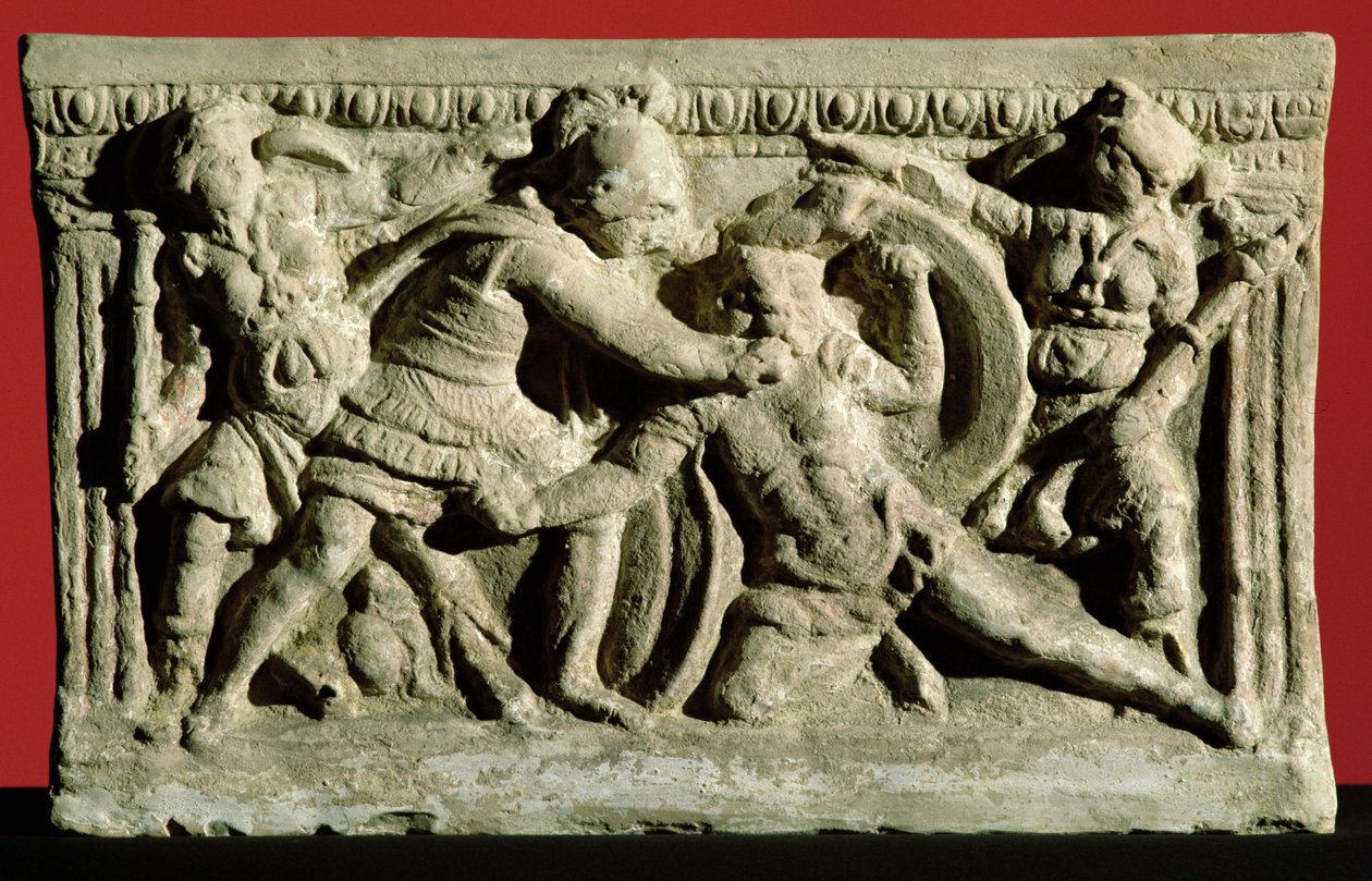エトルリア時代の骨壺に描かれた戦闘シーン(石) 作： 不明