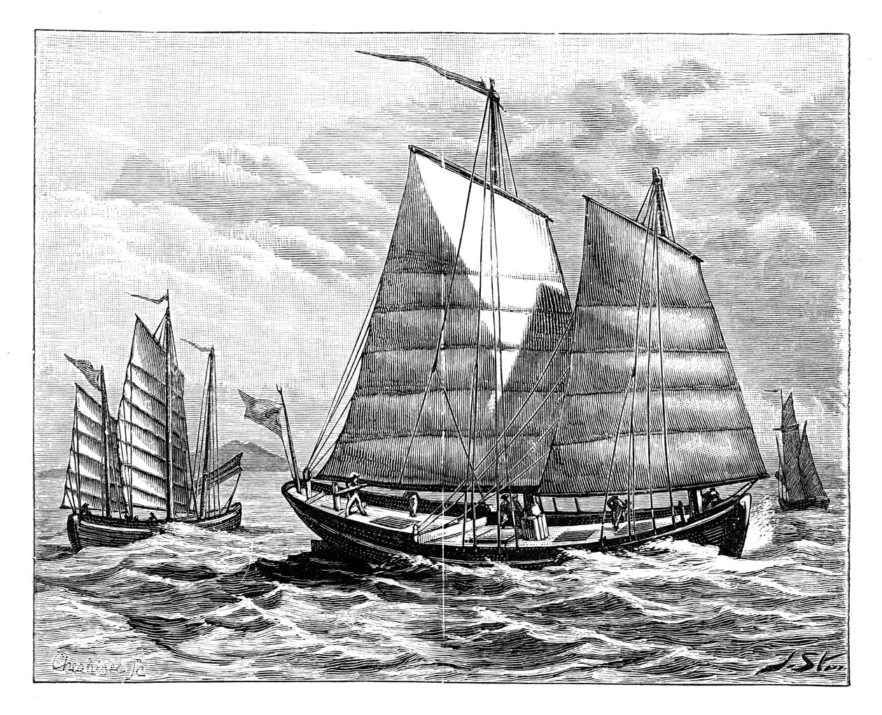 カントン川の中国の船、19世紀 作： 不明