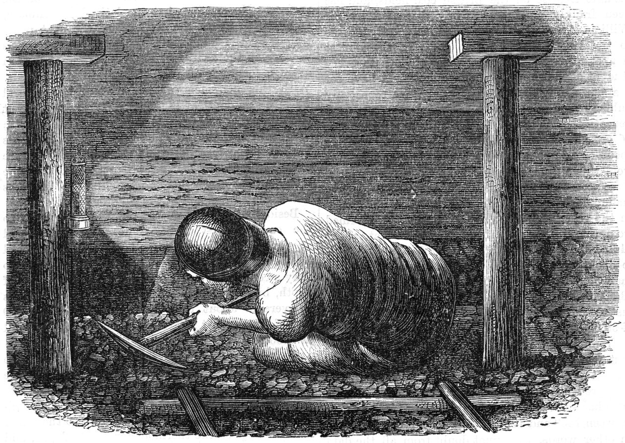 狭い鉱山で働く炭鉱夫、c1864。 作： 不明