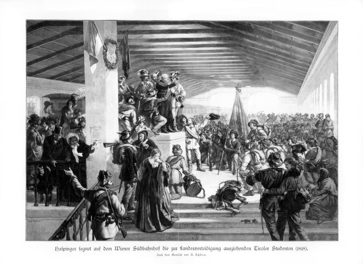 1848年、1900年のウィーンでの学生によるデモンストレーション。 作： 不明
