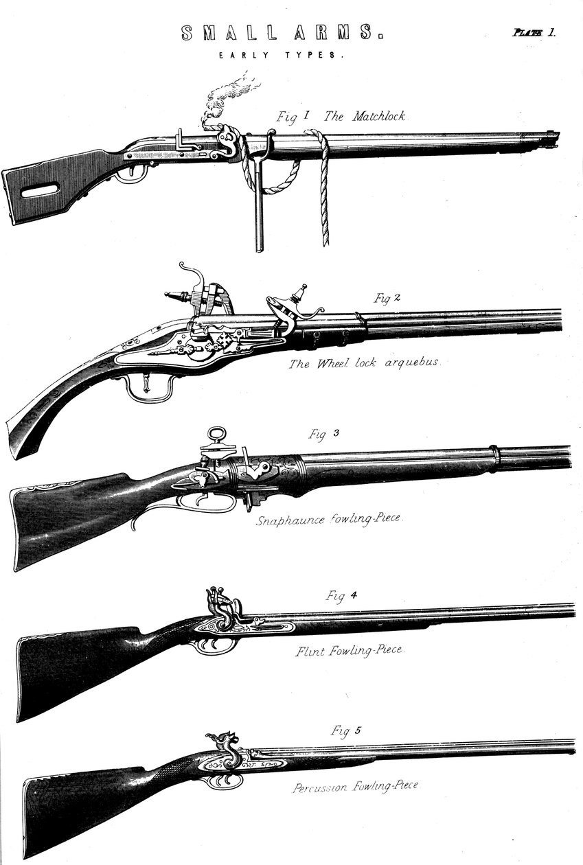 さまざまな銃の発砲メカニズムの例、c1880 作： 不明