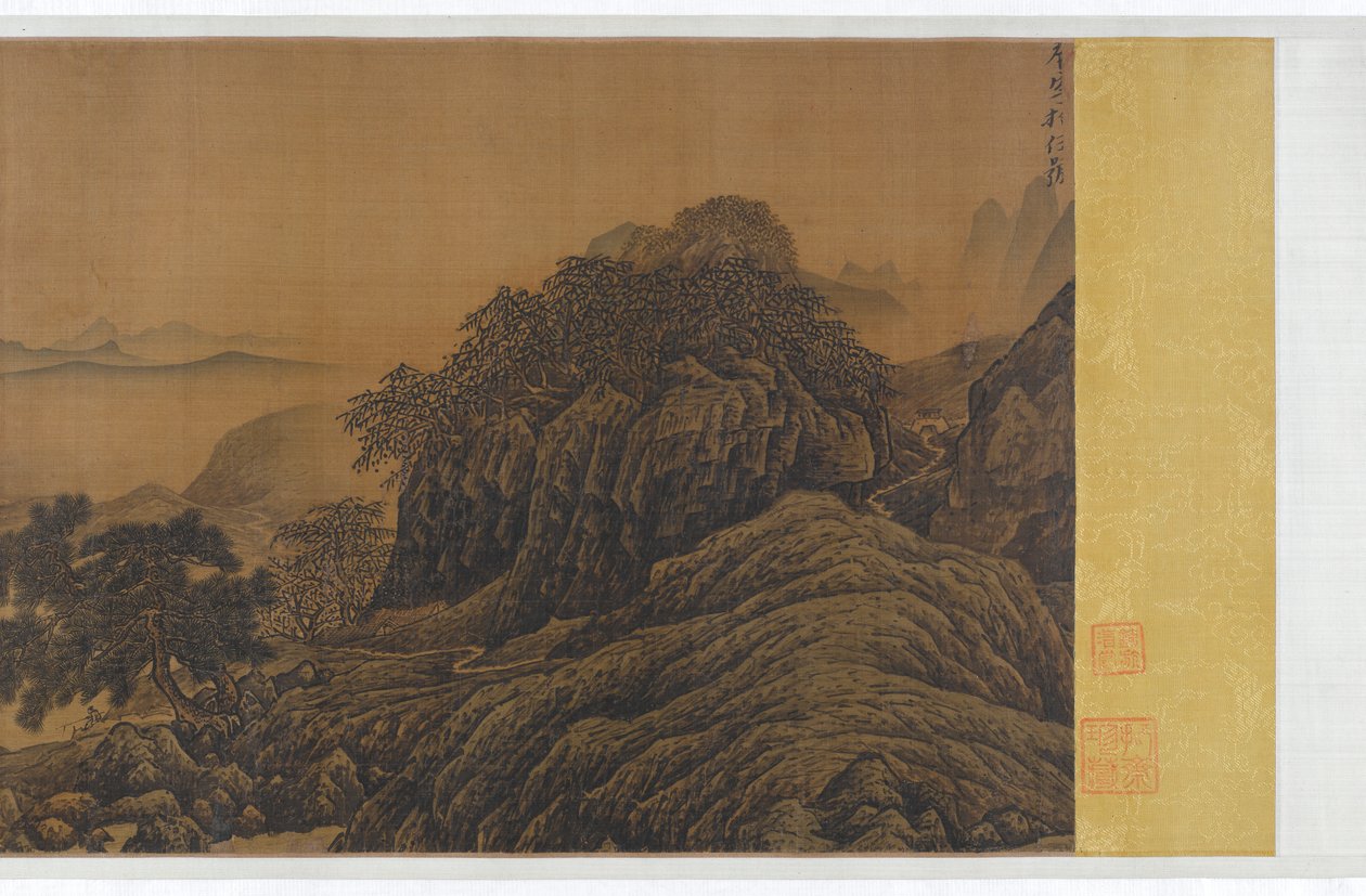 渓流での一人釣り、13 世紀。 作： 不明