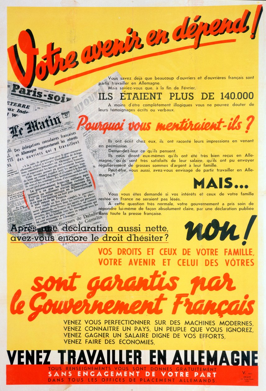 ドイツのポスターのためのフランス人労働者、c1942-c1944 作： 不明
