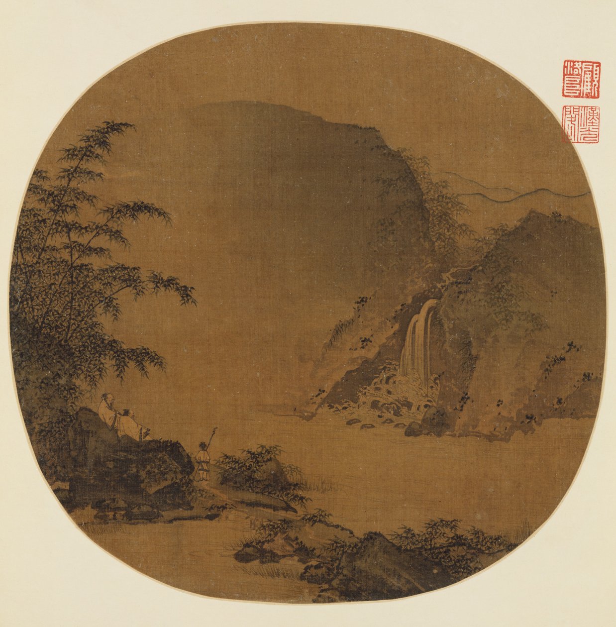 13世紀の滝を見つめる紳士。 作： 不明