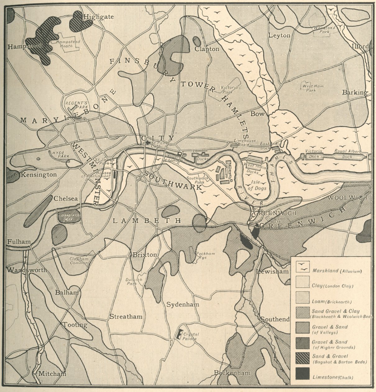 ロンドン遺跡の地質図、1908 作： 不明