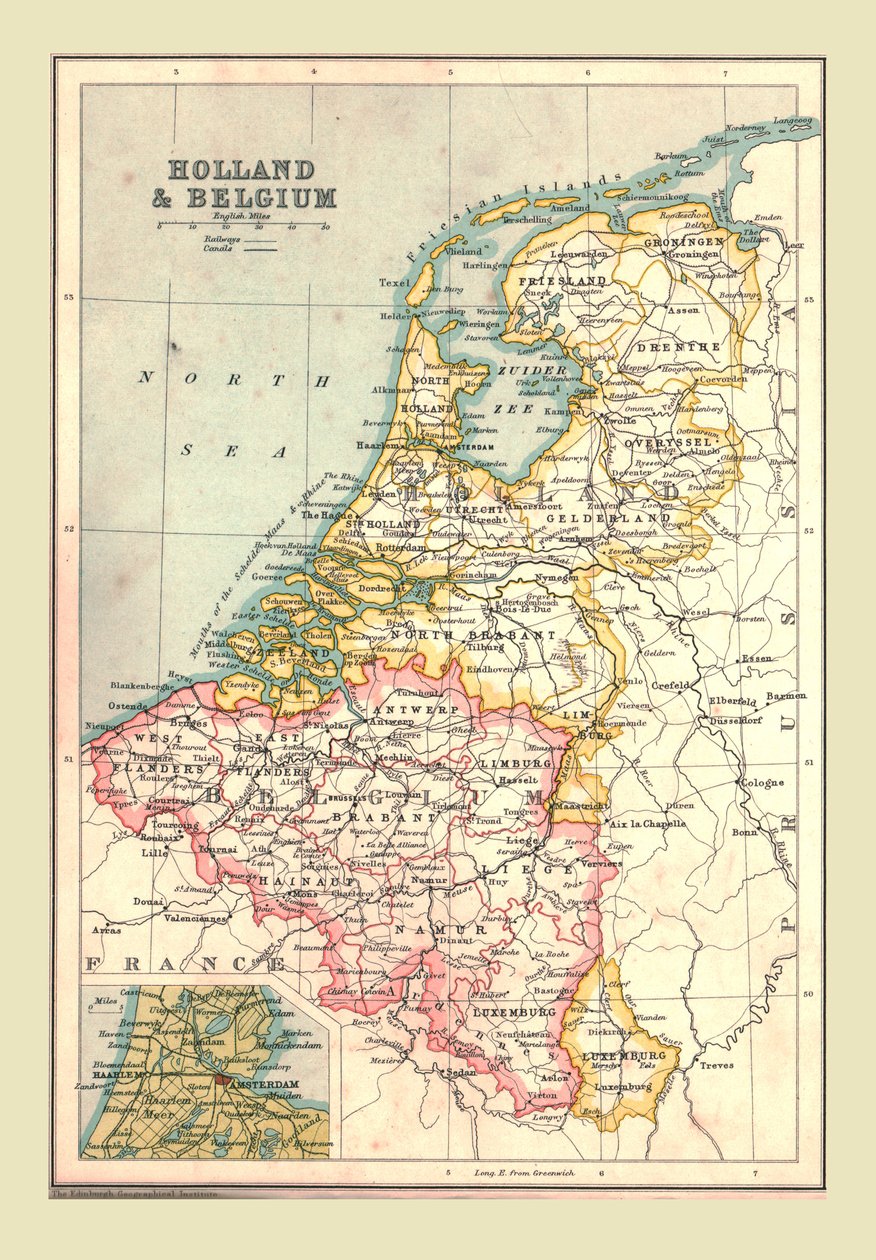 オランダとベルギーの地図、1902年。 作： 不明
