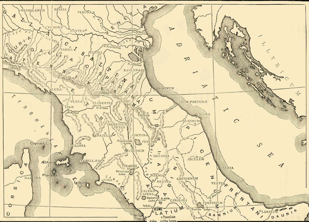 北イタリアと中央イタリアの地図、1890年。 作： 不明